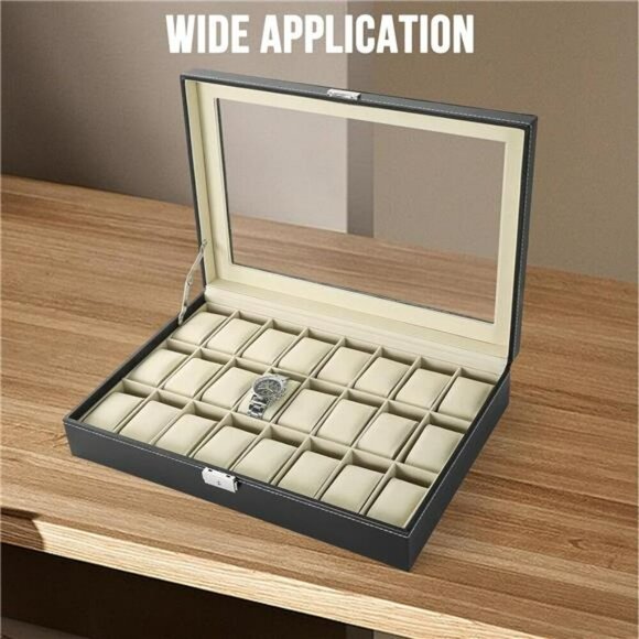 Watch Display Case 24 Slot Glass Top Organizer Faux Leather Jewelry Storage - Picture 6 of 7